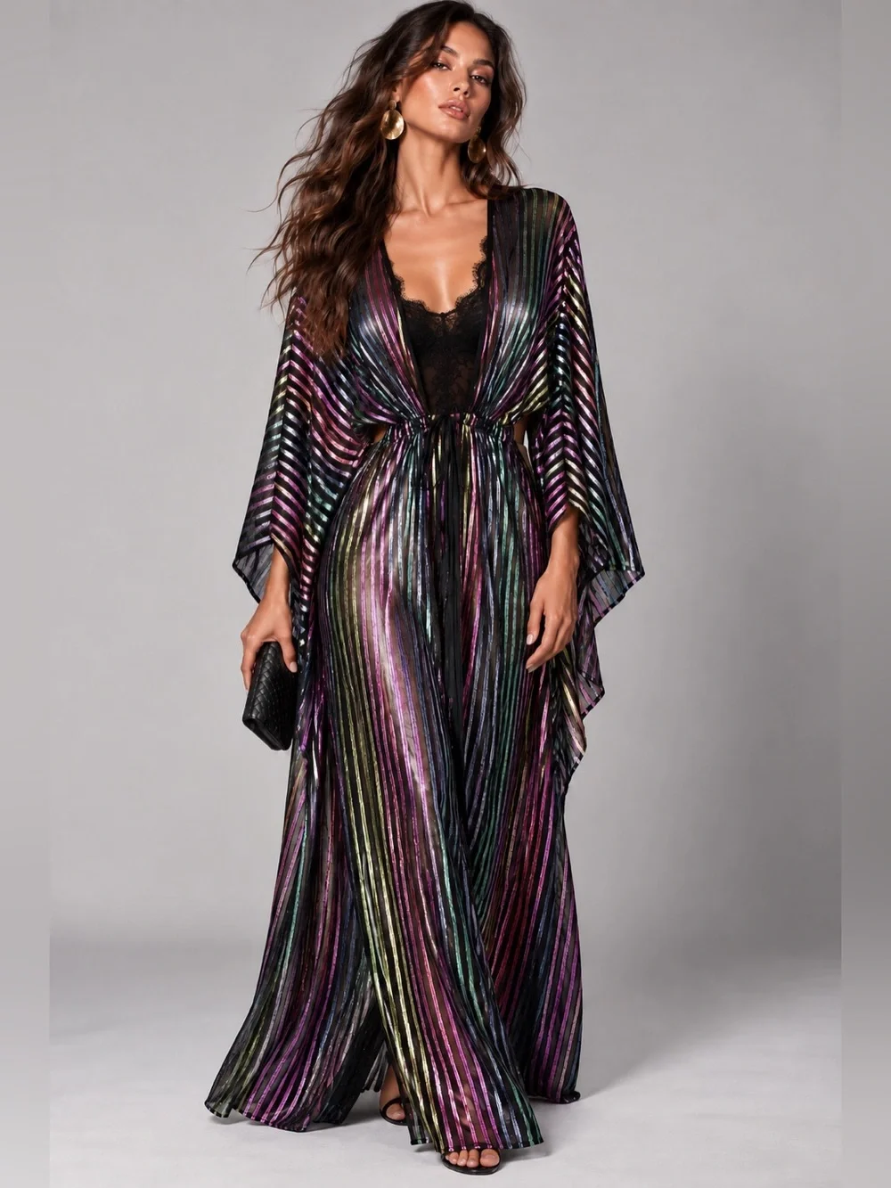 TAMO Design L Metallic Rainbow Stripe Sheer Maxi Duster Kimono Festival
